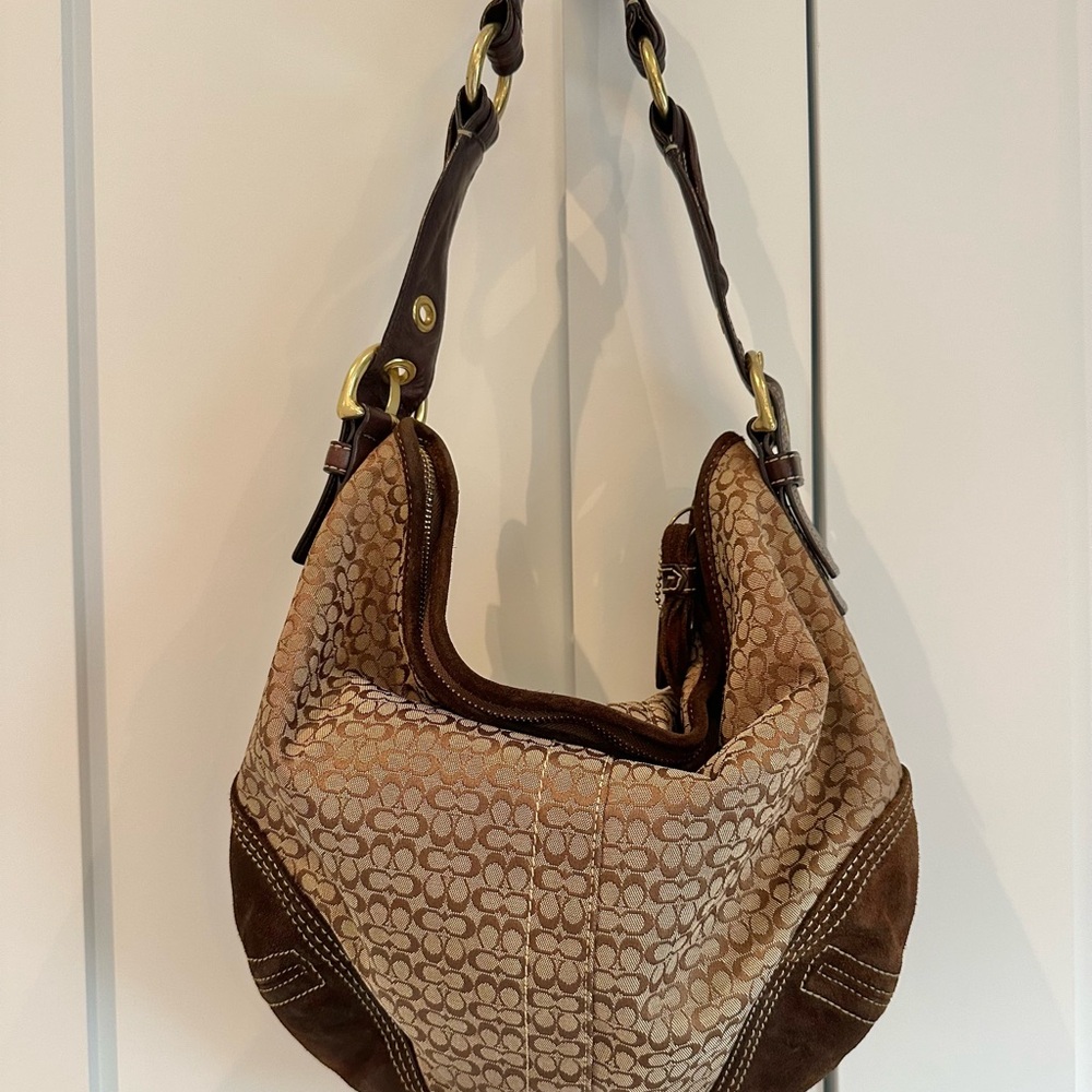 Coach Tan and Brown Suede SoHo Signature Slouch Hobo Bag